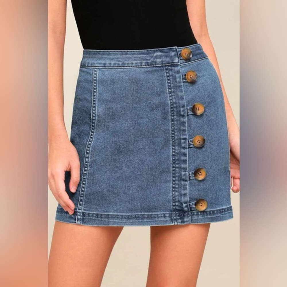 Free People Little Daisies Grey Denim Button-Front Mini Skirt, 0, MSRP $50